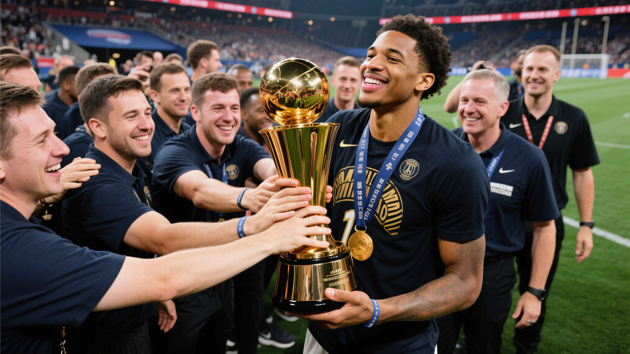 荣耀共享!杰伦-威廉姆斯与团队携手触摸奖杯共庆胜利 荣耀共享!杰伦-威廉姆斯与团队携手触摸奖杯共庆胜利